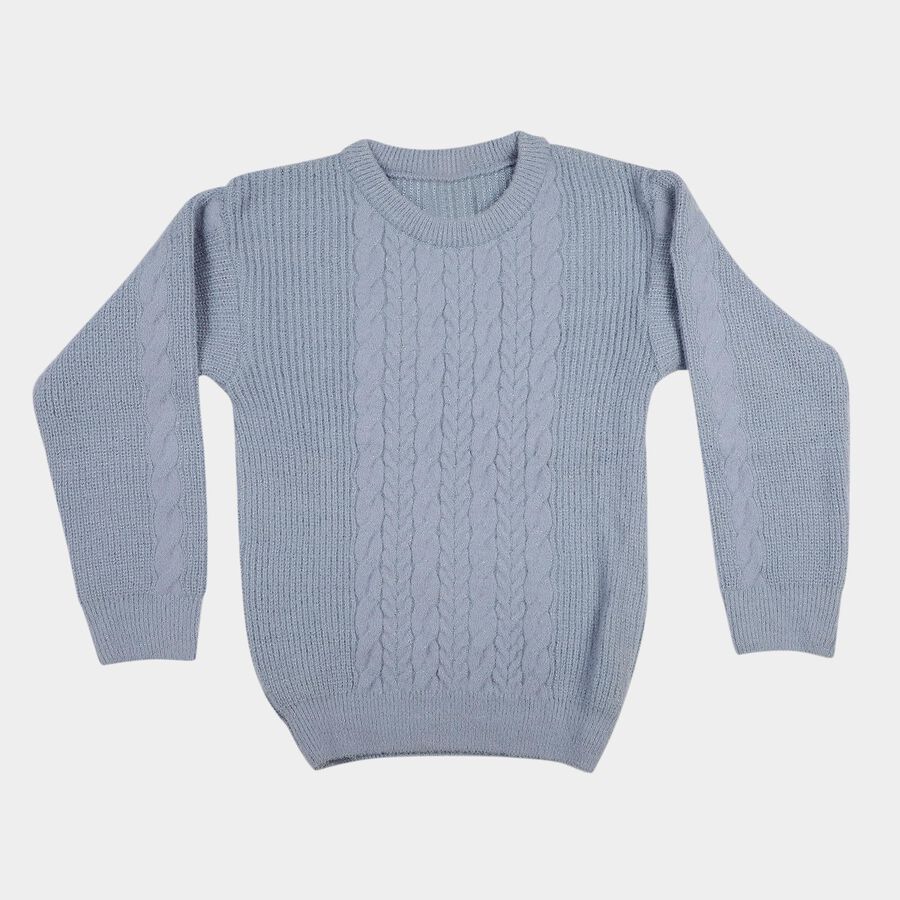 Girls' Light Blue Crew Neck Knitted Pullover, हल्का नीला, large