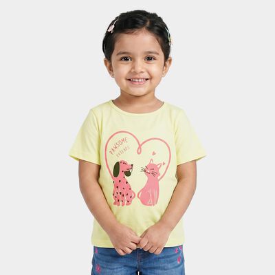 Girls Yellow Cotton Blend Round Neck Regular T-Shirt