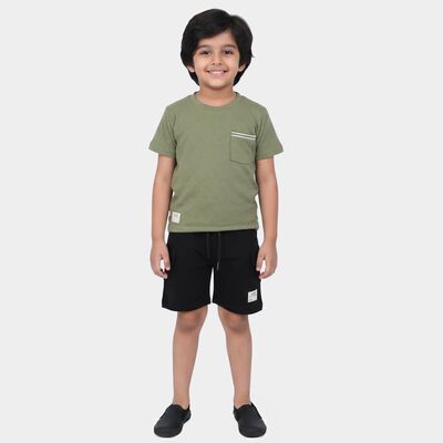 Boys Olive Green Round Neck Textured Baba Suit