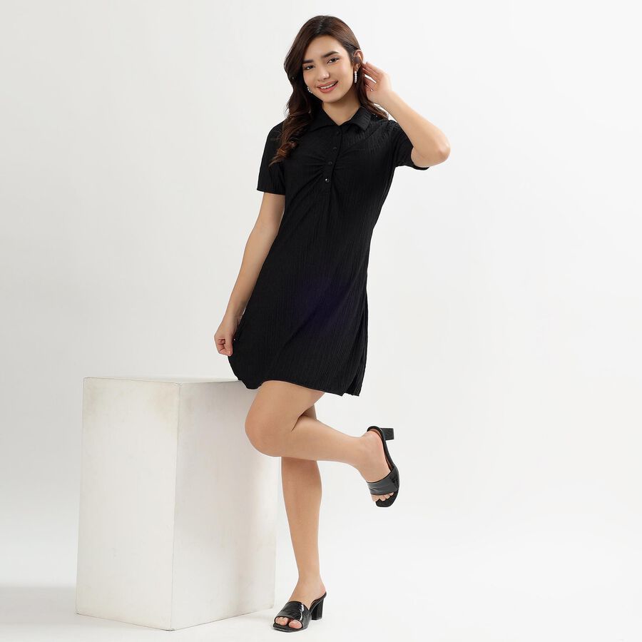 Women's Jet Black Collared Empire Style Dress, Black, large image number null