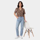Women's Brown Animal Print Camp Collar Shirt, भूरा, small