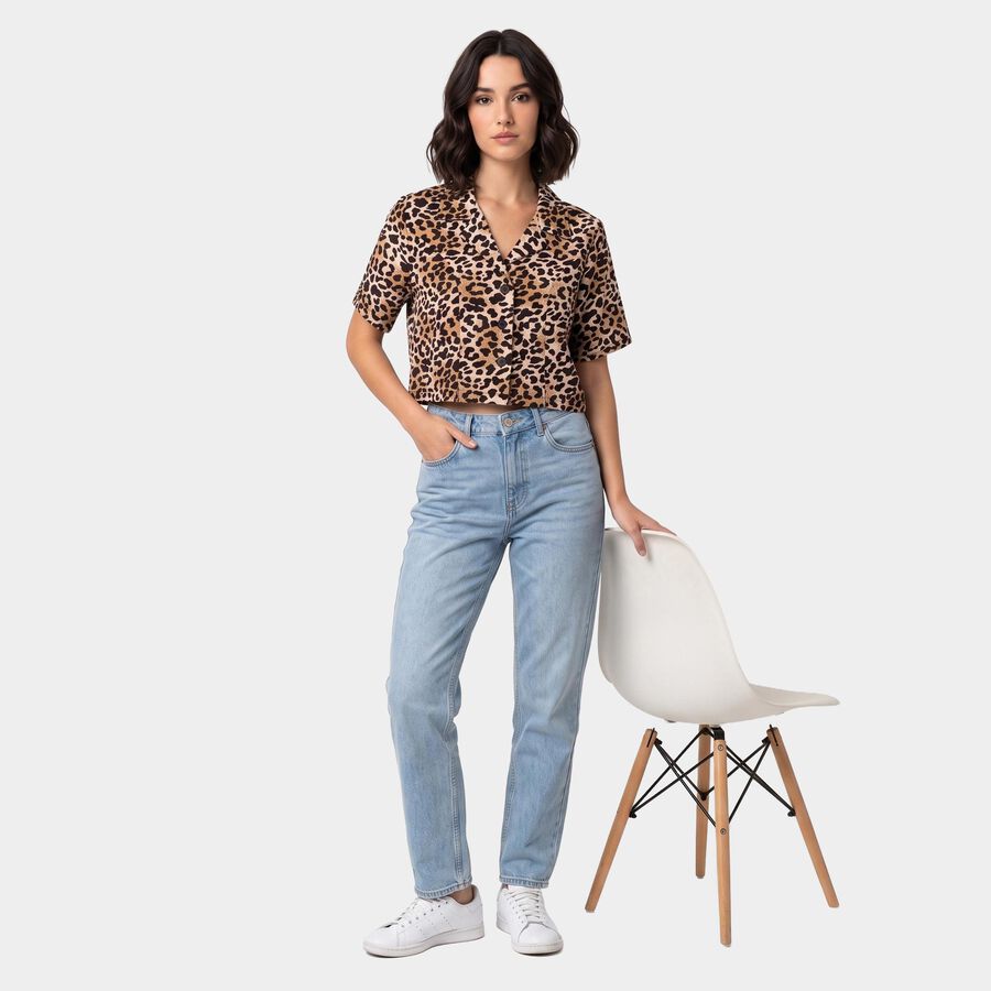 Women's Brown Animal Print Camp Collar Shirt, भूरा, large