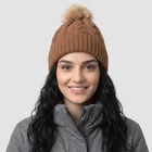 Women's Brown Cable Knit Pom-Pom Beanie Cap, भूरा, small