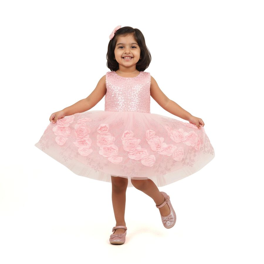 Girls' Light Pink Sequin and Floral Sleeveless Party Frock, हल्का गुलाबी, large