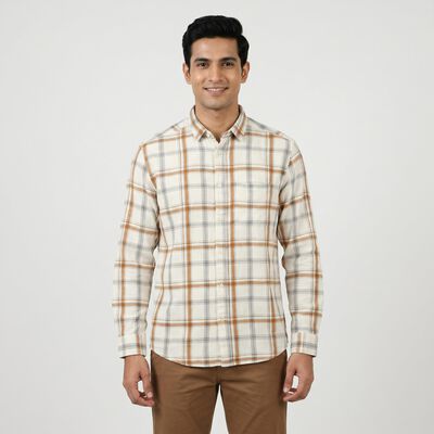 Men's Beige Cotton Long Sleeves Button-Down Regular Fit Shirt