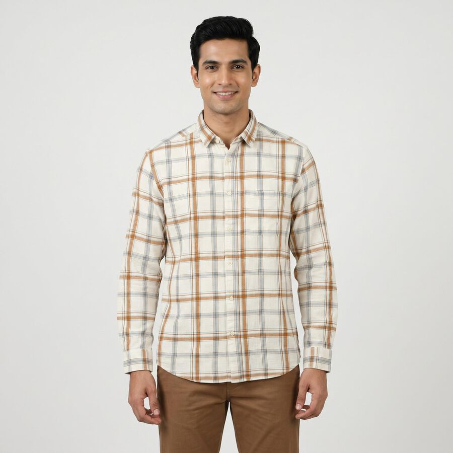Men's Beige Cotton Long Sleeves Button-Down Regular Fit Shirt, गहरा पीला, large