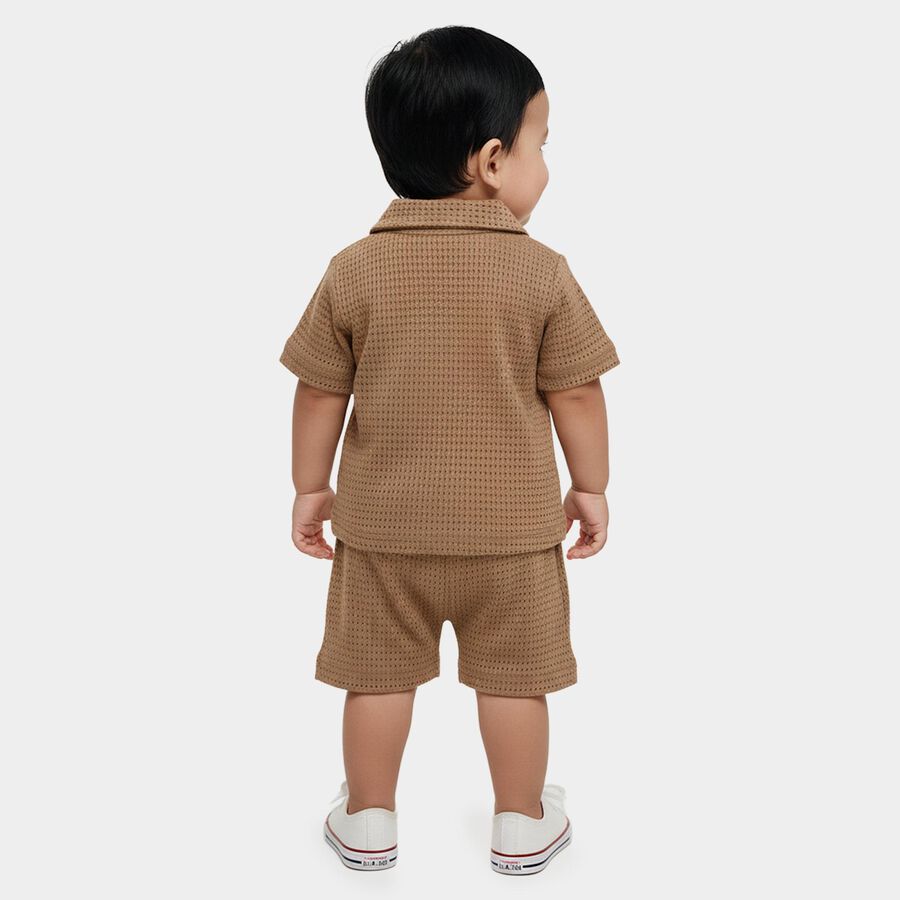 Infants' Brown 100% Cotton Collar Neck Textured Baba Suit, Brown, large