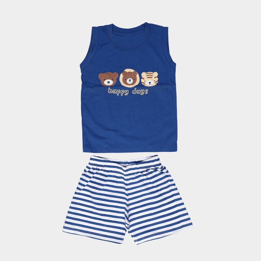 Infants' Blue 100% Cotton Round Neck Animal Printed Baba Suit, रॉयल ब्लू, large