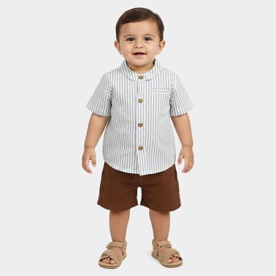 Infants' Beige 100% Cotton Mandarin Collar Striped Baba Suit
