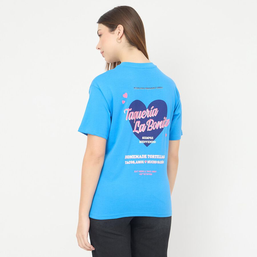 Women's Blue Cotton Round Neck Casual T-Shirt, Blue, large