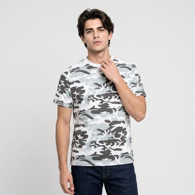 Men's White Cotton Round Neck Camouflage Regular T-Shirt
