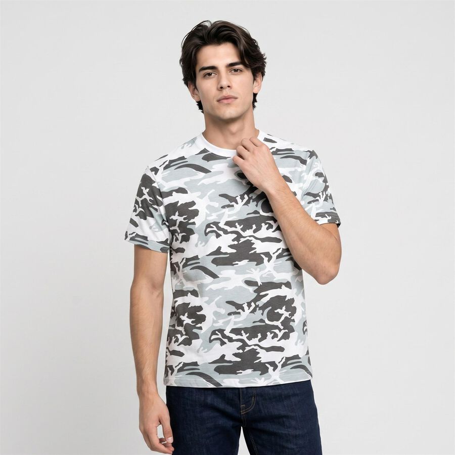 Men's White Cotton Round Neck Camouflage Regular T-Shirt, सफ़ेद, large