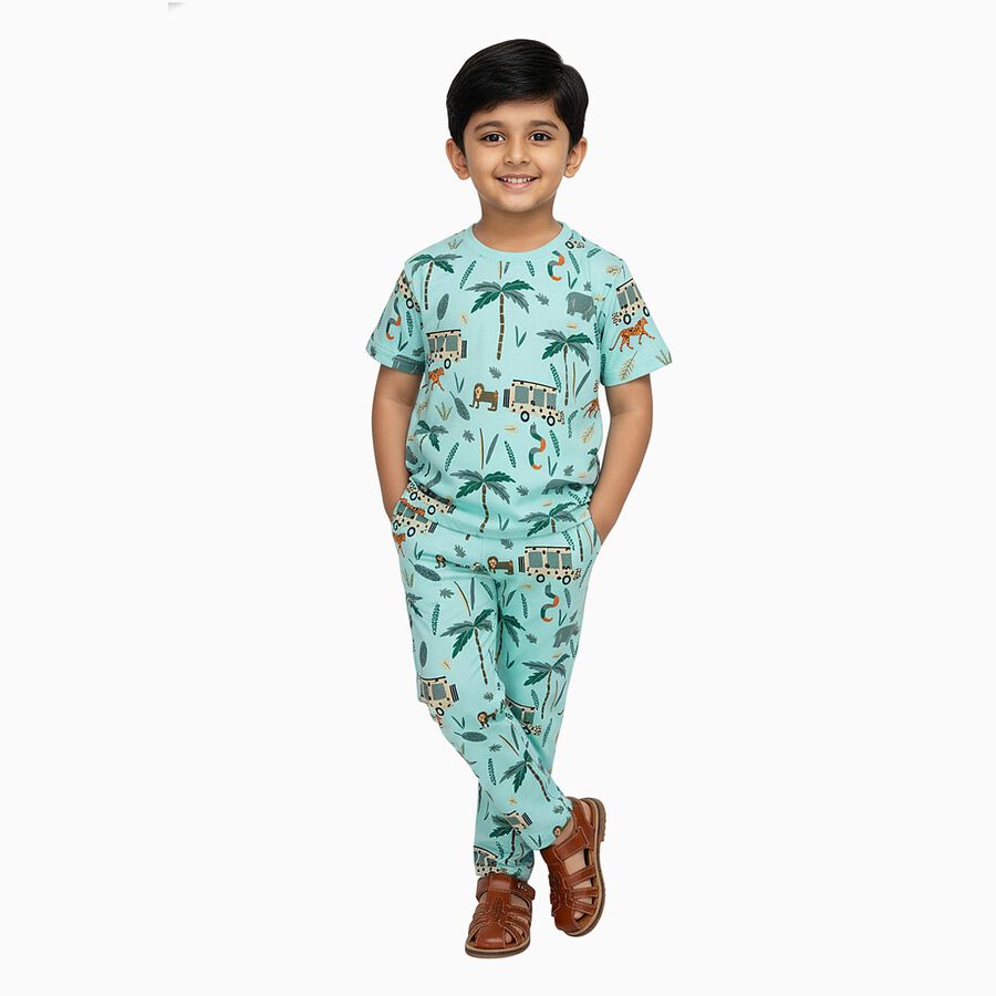 Boys Light Mint Green Cotton Round Neck Animal Print Night Suit, हल्का हरा, large image number null
