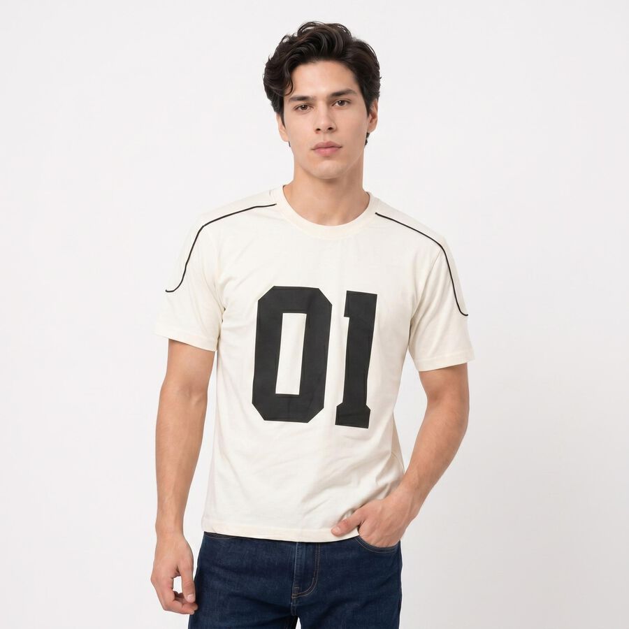 Men's White Cotton Round Neck Regular Graphic Print T-Shirt, White, large