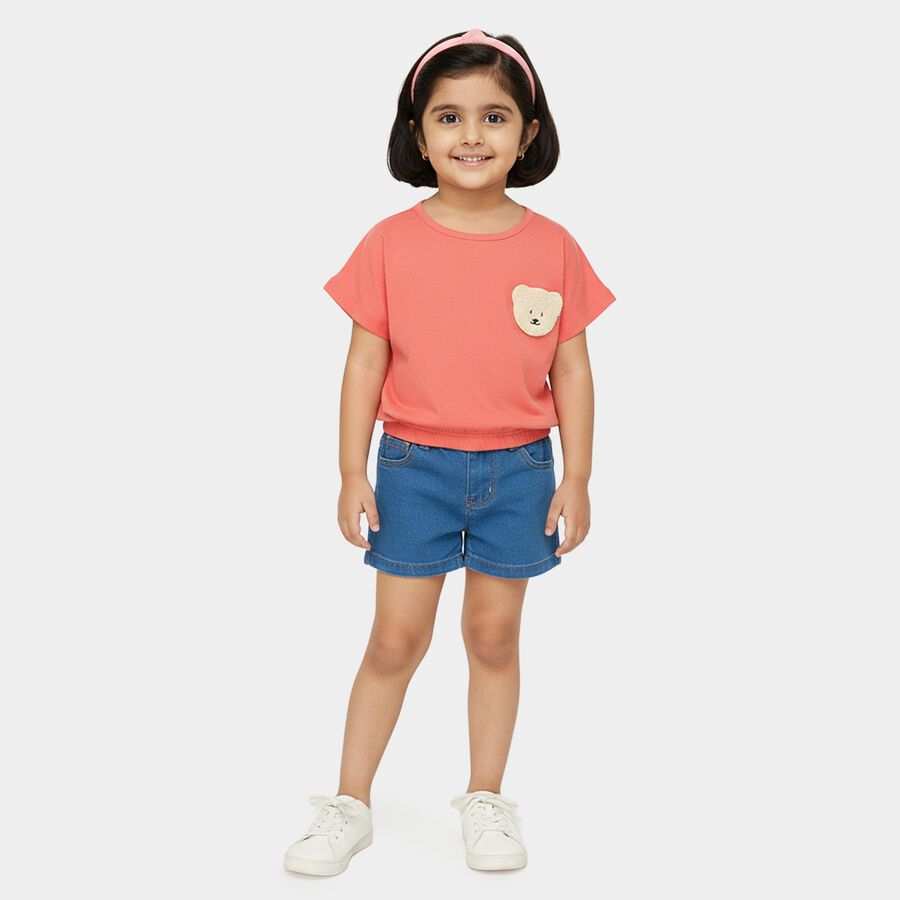 Girls' Coral Cotton Round Neck Casual T-Shirt, मूँगा (कोरल), large