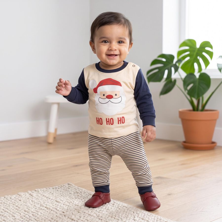 Infants' Beige 100% Cotton Round Neck Santa Graphic Print Baba Suit, Beige, large