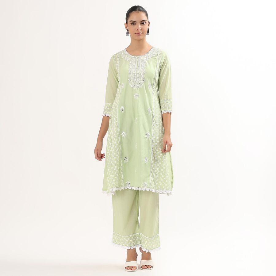 Girls Light Sage Green Cotton Embroidered Ethnic Set, Light Green, large image number null