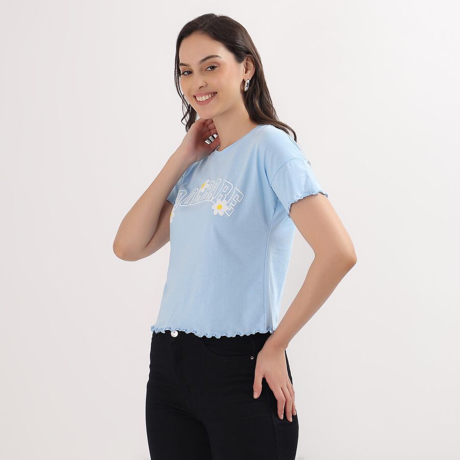 Ladies' Light Blue Cotton Crop-Length Round Neck T-Shirt, Light Blue, large image number null