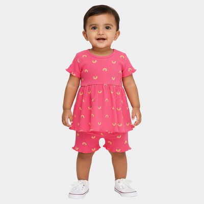 Infant Girl Bright Pink Cotton Round Neck Casual Shorts Set