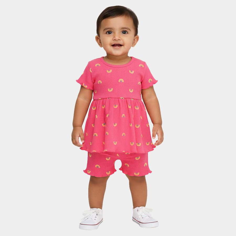 Infant Girl Bright Pink Cotton Round Neck Casual Shorts Set, Pink, large image number null