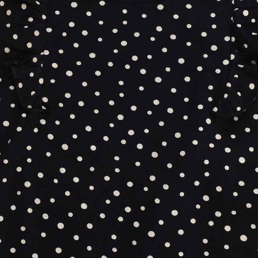 Girls Black Cotton Polka Dot Ruffle Sleeve Top and Beige Capri Set, Black, large image number null