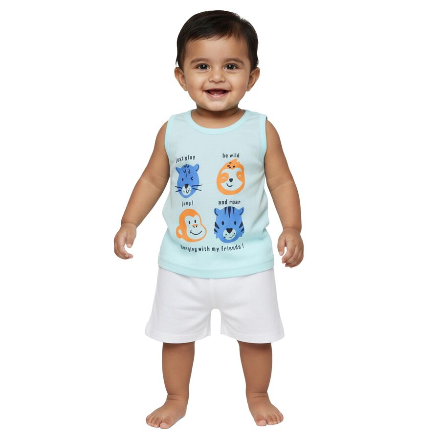 Infants Aqua Blue Cotton Round Neck Casual Vest, Aqua, large image number null