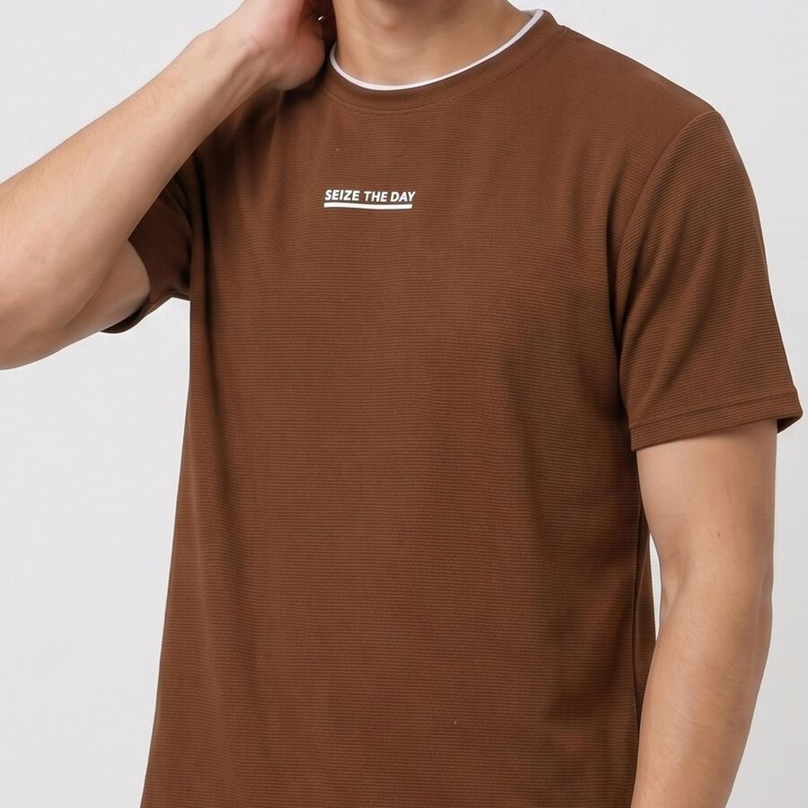 Men's Brown Round Neck Graphic Print Regular T-Shirt, भूरा, large