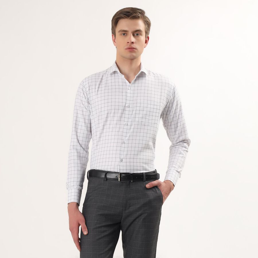 Men's Light Grey Spread Collar Checked Formal Shirt, हल्का ग्रे, large