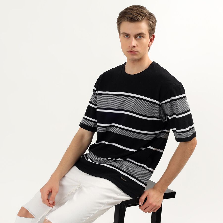 Men's Black Round Neck Casual Striped T-Shirt, Black, large