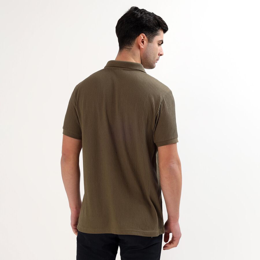 Men's Olive Green Polo Neck Textured T-Shirt, Olive, large