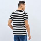 Men's Black and White Round Neck Striped T-Shirt, Off White, small