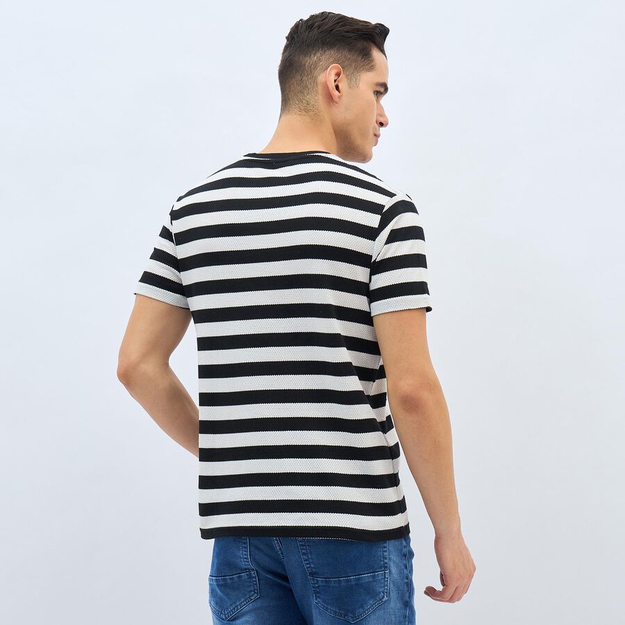 Men's Black and White Round Neck Striped T-Shirt, Off White, large