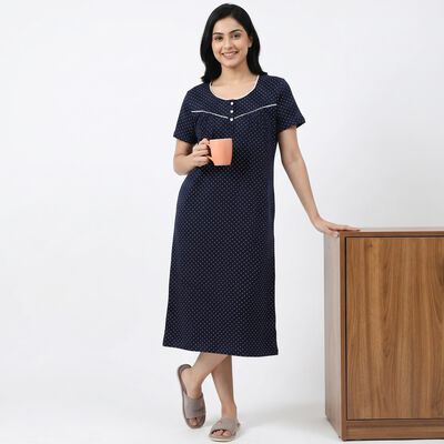 Women's Navy Blue Round Neck Maxi and Gown Nighty