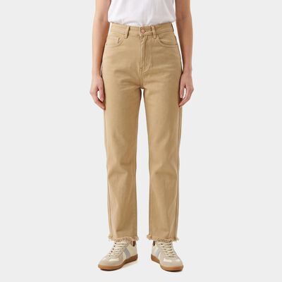 Women's Off White Straight Fit Frayed Hem Jeans