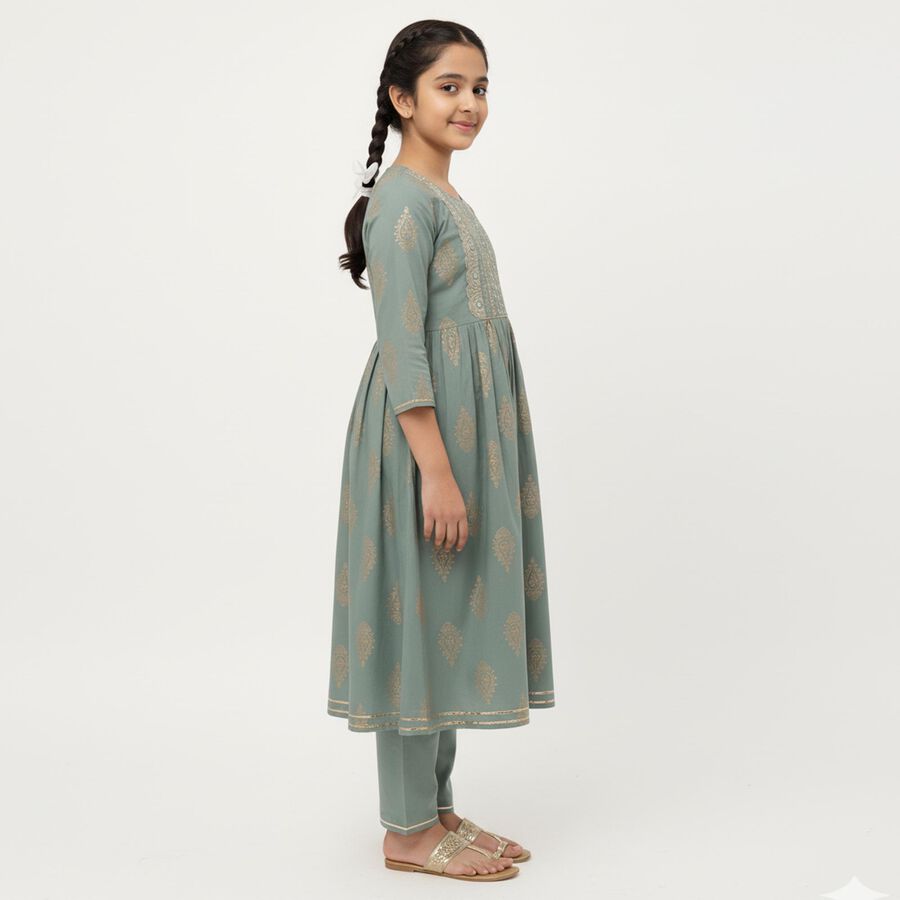 Girls Muted Sage Green Cotton Embroidered Kurta and Pants Fusion Set, Light Green, large image number null