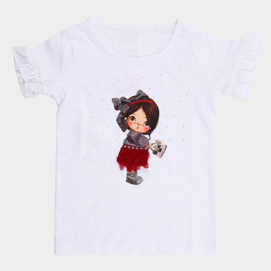 Girls White Cotton Round Neck Casual T-Shirt, सफ़ेद, large