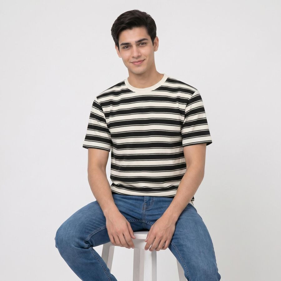 Men Black Round Neck Regular Striped T-Shirt, Black, large