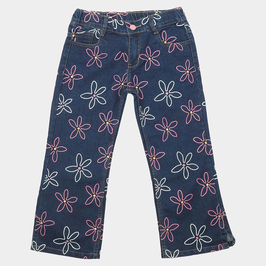 Girls' Navy Blue Straight Fit Printed Jeans, Dark Blue, large