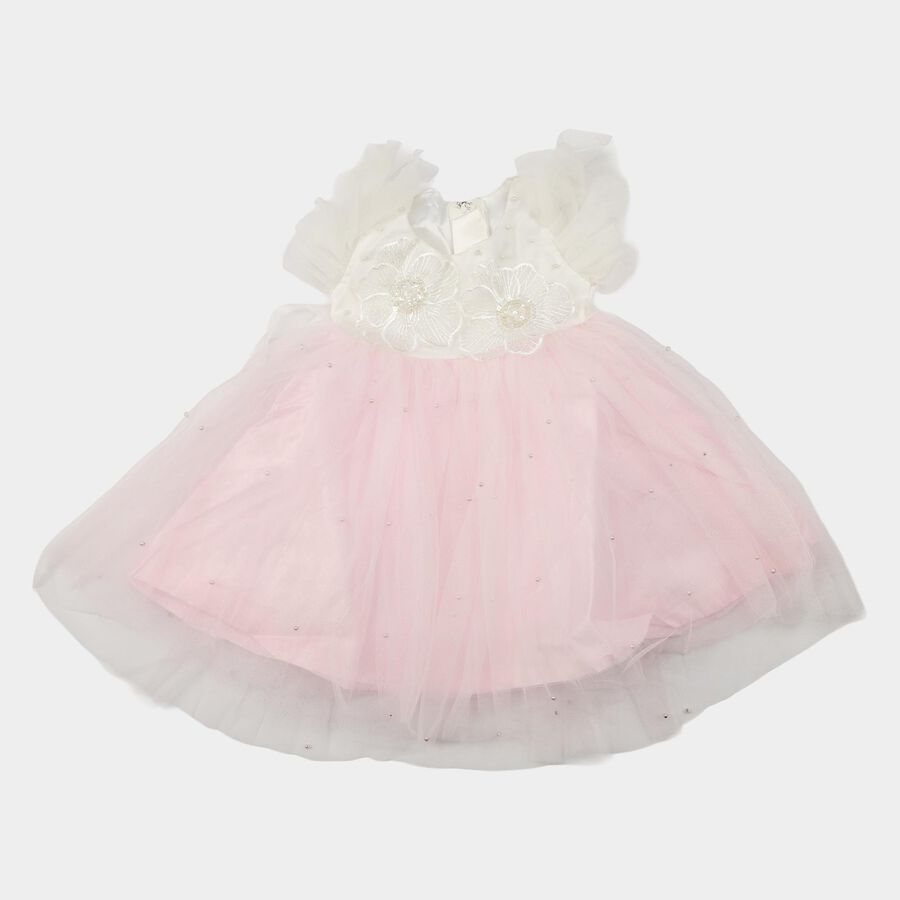 Girls' Pink Fit and Flare Floral Applique Party Wear Frock, हल्का गुलाबी, large