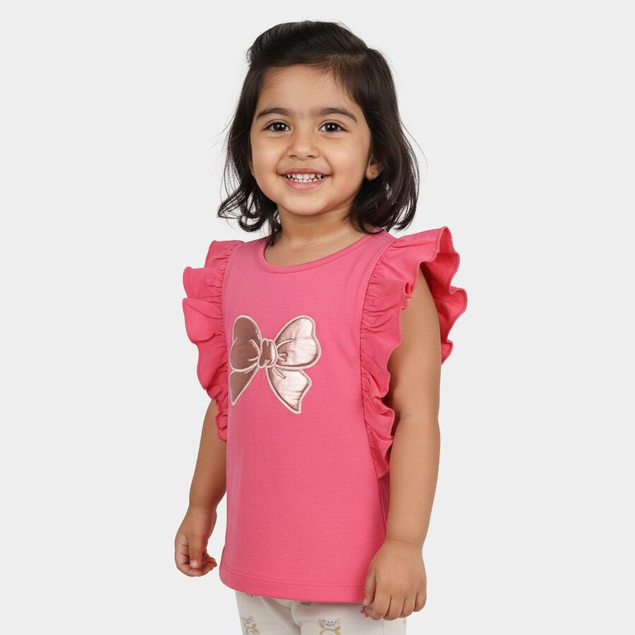 Girls Pink Cotton Round Neck Casual T-Shirt, Pink, large
