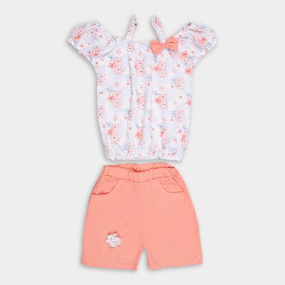 Girls' White Floral Off-Shoulder Top and Peach Shorts Set