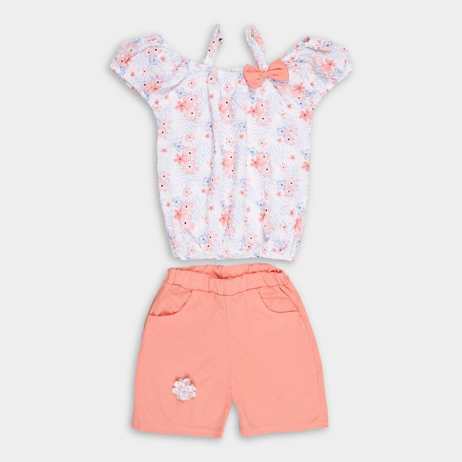 Girls' White Floral Off-Shoulder Top and Peach Shorts Set, नारंगी, large image number null