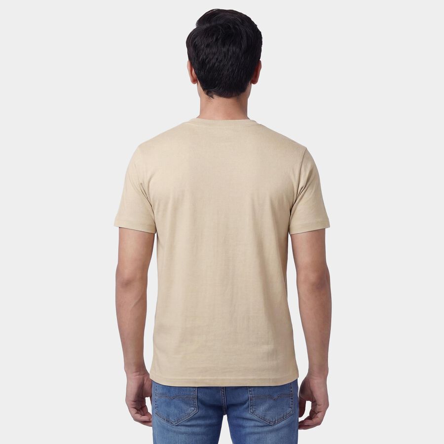 Men's Beige Round Neck Casual T-Shirt, Beige, large
