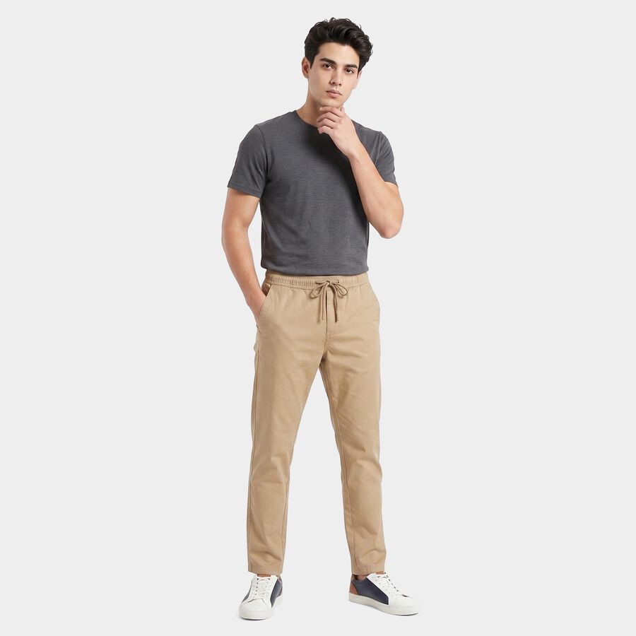 Men's Beige Slim Fit Drawstring Chino Trousers, गहरा पीला, large