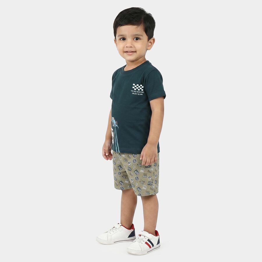 Boys' Teal 100% Cotton Crew Neck Graphic Print Baba Suit, टील ब्लू, large