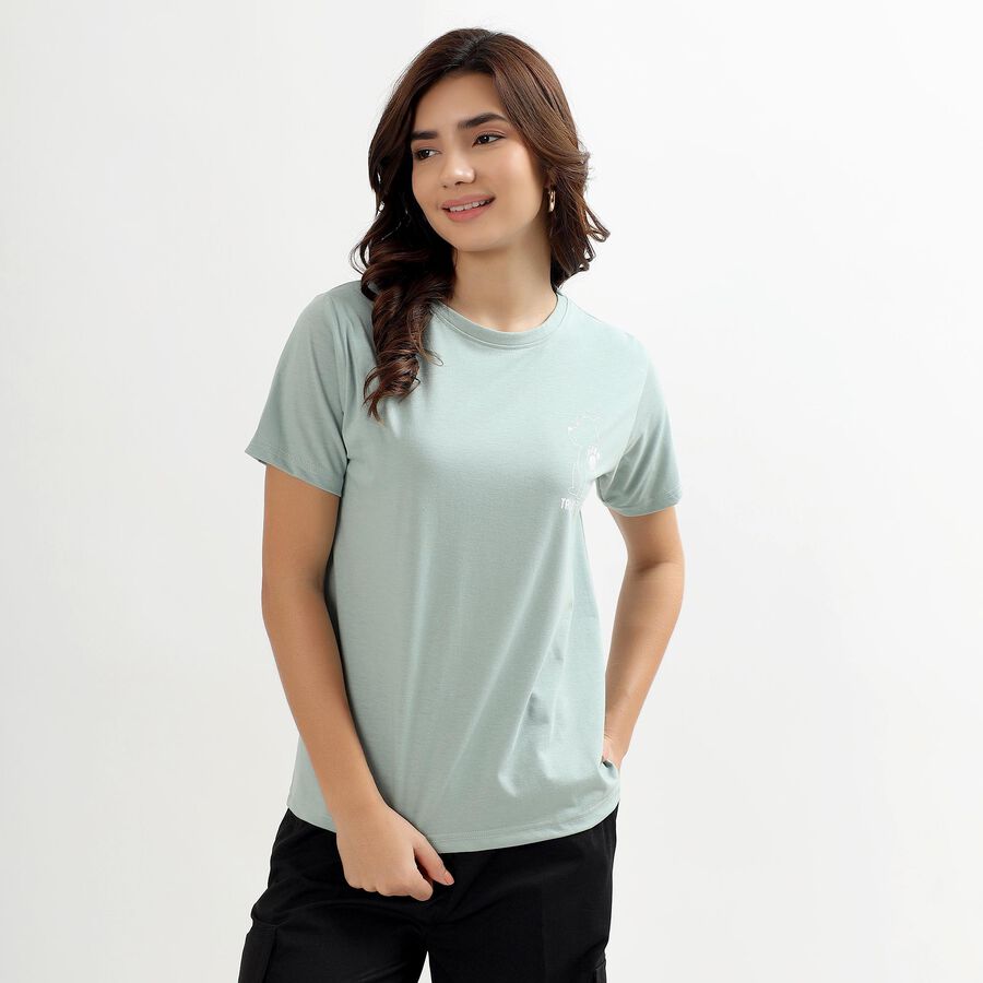 Women's Light Sage Green Round Neck Casual T-Shirt, Light Green, large