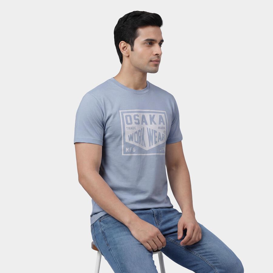 Men's Blue Round Neck Casual T-Shirt, Sky Blue, large