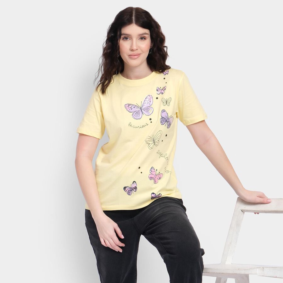 Ladies' 100% Cotton Round Neck T-Shirt, पीला, large