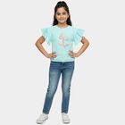 Girls' Mint Green Round Neck Graphic Printed Ruffle Sleeve T-Shirt, हल्का हरा, small
