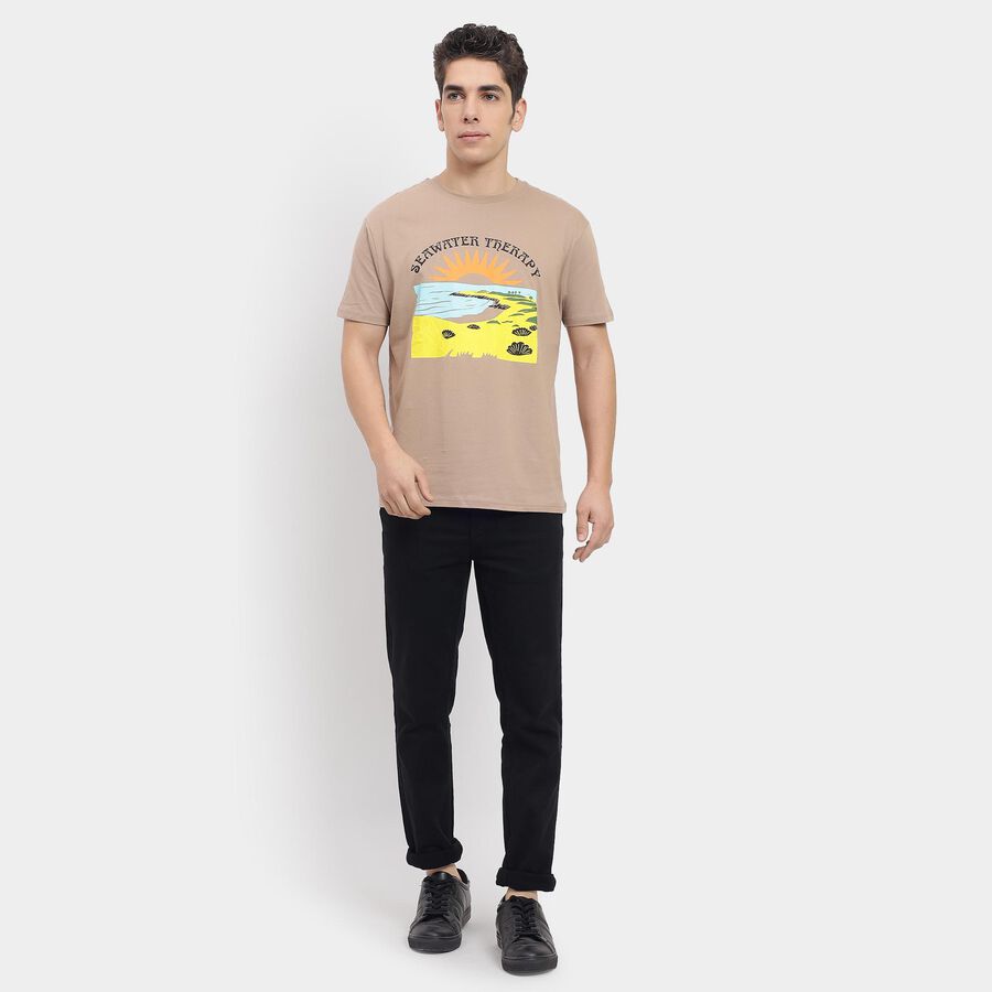 Men's 100% Cotton Round Neck Half Sleeves T-Shirt , Beige, large